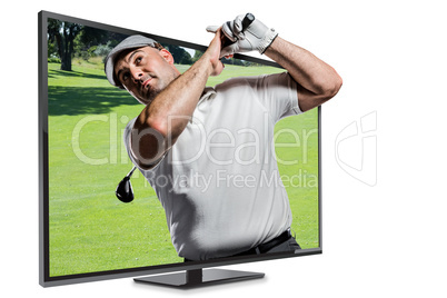 Composite image of portrait of golf player taking a shot