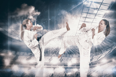 Composite image of female athlete practicing judo