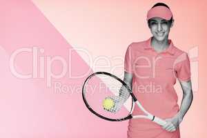 Composite image of female athlete posing with her tennis racket