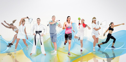 Composite image of profile view of sportswoman practising discus