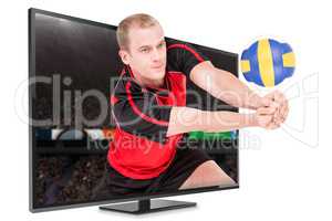 Composite image of sportsman posing while playing volleyball