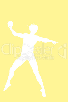 Composite image of female athlete with elbow pad throwing handba