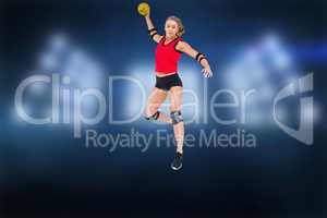 Composite image of female athlete with elbow pad throwing handba