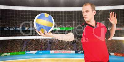 Composite image of sportsman getting ready to serve while playin