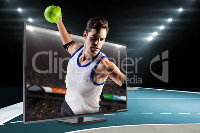 Composite image of confident athlete man throwing a ball