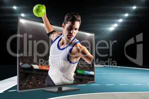 Composite image of confident athlete man throwing a ball