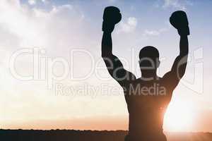 Composite image of boxer posing after victory