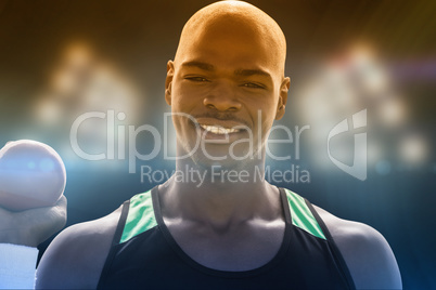 Composite image of portrait of happy sportsman is holding a shot