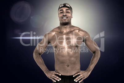 Composite image of swimmer smiling and posing with hands on hips