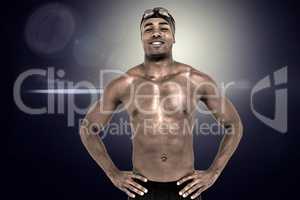 Composite image of swimmer smiling and posing with hands on hips