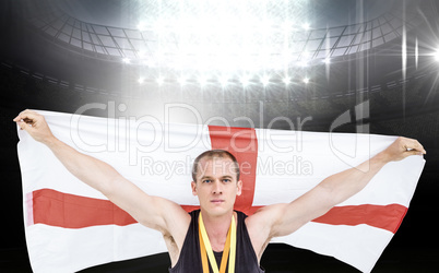 Composite image of athlete with olympic gold medal around his ne