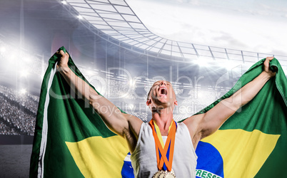 Composite image of athlete posing with gold medals after victory