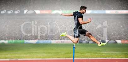 Composite image of athletic man practicing show jumping