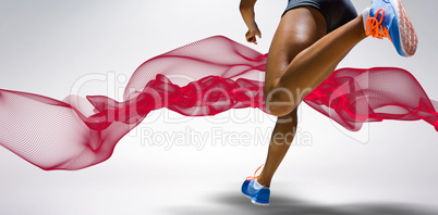 Composite image of sporty woman finishing her run