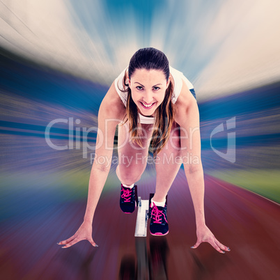 Composite image of portrait of athlete woman in ready to run pos