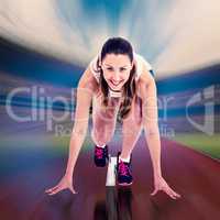 Composite image of portrait of athlete woman in ready to run pos