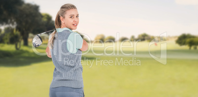 Composite image of pretty blonde playing golf