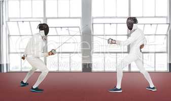 Composite image of man wearing fencing suit practicing with swor