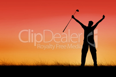 Composite image of golf player raising arms