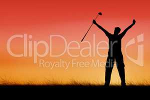 Composite image of golf player raising arms