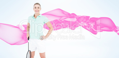 Composite image of badminton player is posing and smiling