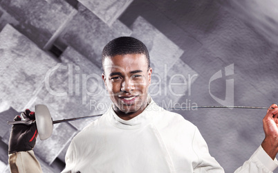 Composite image of portrait of swordsman standing with sword