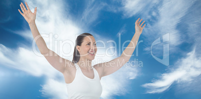 Composite image of female athlete posing after victory