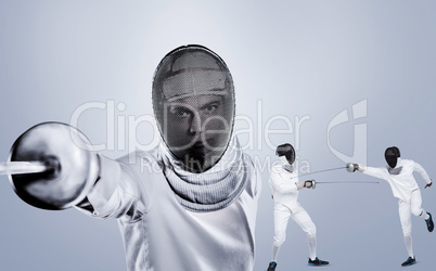 Composite image of man wearing fencing suit practicing with swor