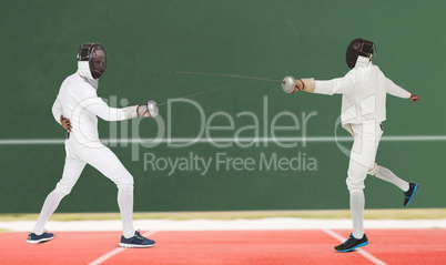 Composite image of man wearing fencing suit practicing with swor