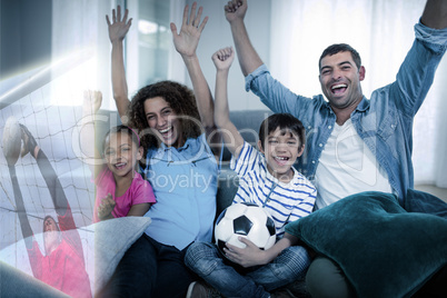 Composite image of family watching sport match on television and