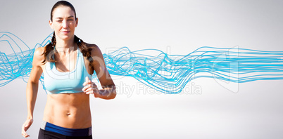 Composite image of attractive woman running against white backgr