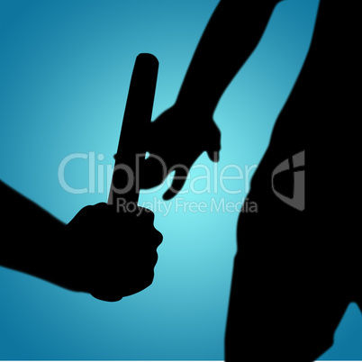 Composite image of athlete passing a baton to the partner