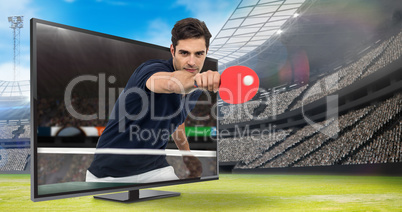 Composite image of portrait of male athlete playing table tennis