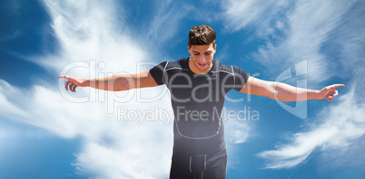 Composite image of front view of happy sportsman is running for