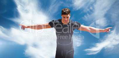 Composite image of front view of happy sportsman is running for