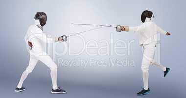 Composite image of man wearing fencing suit practicing with swor