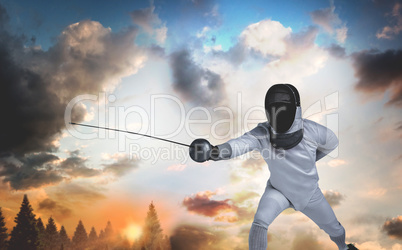 Composite image of man wearing fencing suit practicing with swor