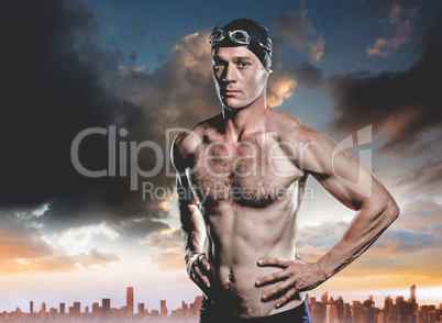 Composite image of swimmer standing with hand on hip