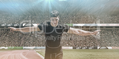 Composite image of front view of happy sportsman is running for