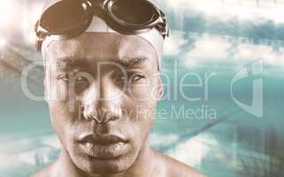 Composite image of serious swimmer posing with swimming equipmen