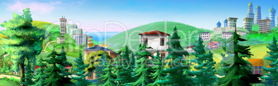 Rural Landscape with Spruce Trees and Buildings on Background