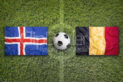 Iceland vs. Belgium flags on soccer field