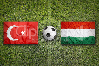Turkey vs. Hungary flags on soccer field