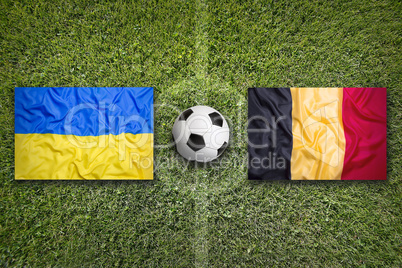 Ukraine vs. Belgium flags on soccer field