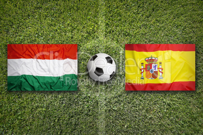Hungary vs. Spain flags on soccer field