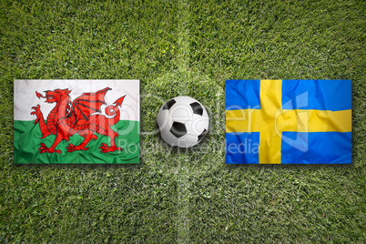 Wales vs. Sweden flags on soccer field