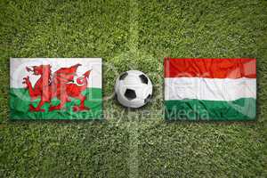 Wales vs. Hungary flags on soccer field
