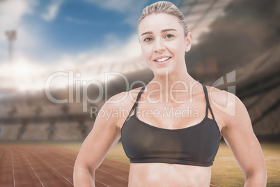 Composite image of female athlete posing with hands on hip