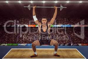 Composite image of bodybuilder lifting heavy barbell weights