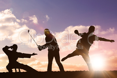 Composite image of rear view of sportsman throwing a shot